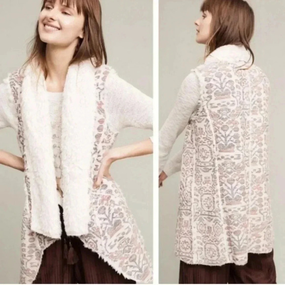 Anthropologie Hei Hei Jacquard Sherpa Vest Open Front Draped Cardigan(M) - Picture 1 of 12